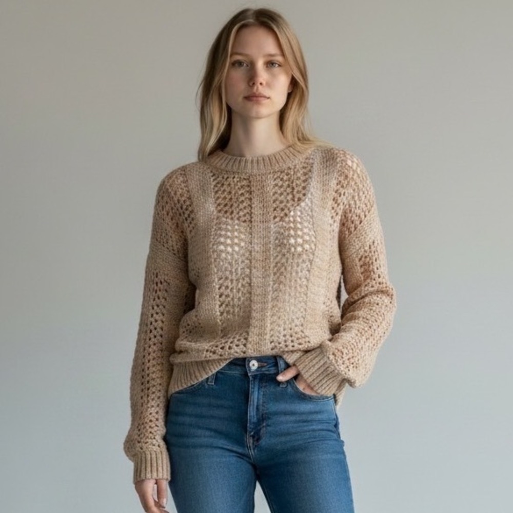 Madewell Womens Alpaca Wool Blend Pointelle Open Knit Sweater‎ Beige Small S